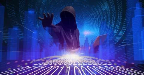 Image of digital interface over hacker in hood binary coding and blue glowing Stock Photos