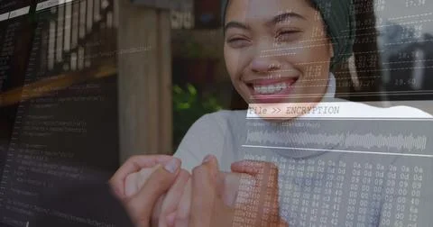 Image of digital interface over happy african american couple Fotos Stock