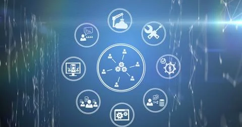 Image of digital interface over icons and caucasian icons over server room Stock Photos