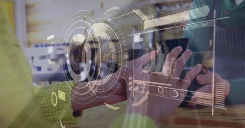 Image of digital interface over people using payment terminal Stock Photos