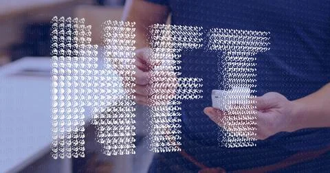 Image of digital interface over people using payment terminal Stock Photos