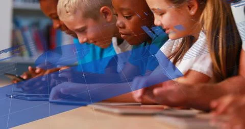 Image of digital interface over a row of primary school kids using touchscreens 스톡 일러스트