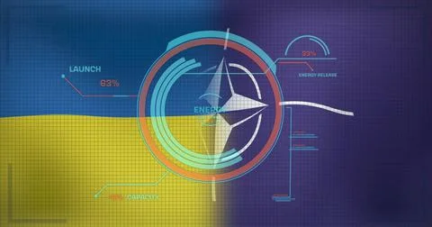 Image of digital interface with over ukrainian and nato flags Illustrazione stock