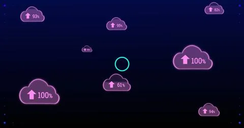 Image of digital interface with purple clouds, arrows and percent growing to one Stock Photos