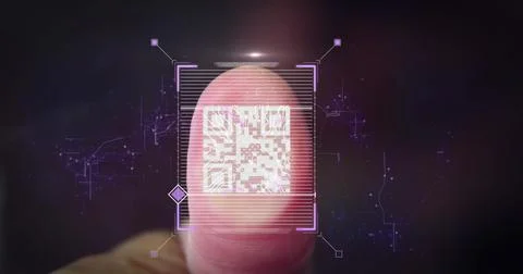Image of digital interface qr code, biometric fingerprint over black background Illustrazione stock