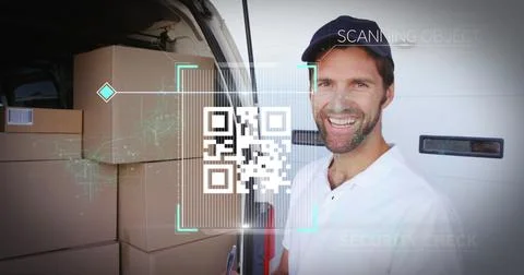 Image of digital interface with qr code being scanned over male delivery driver 库存插图