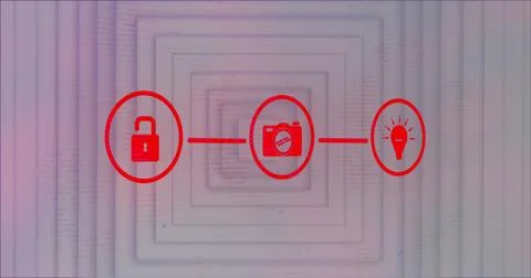Image of digital interface with red interconnected icons on squares Stock Photos