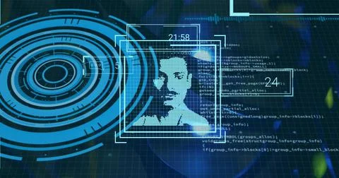 Image of digital interface with scan scoping over dark background Stockillustratie