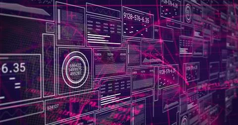 Image of digital interface screens with charts, graphs and data over abstract Stock Illustration