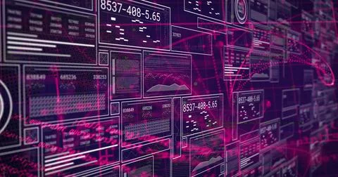 Image of digital interface screens with charts, graphs and data over abstract Stock Illustration