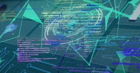 Image of digital interface screens with circle, dots connecting with lines and イラスト素材