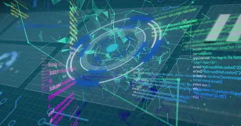 Image of digital interface screens with circle, dots connecting with lines and Stock Illustration