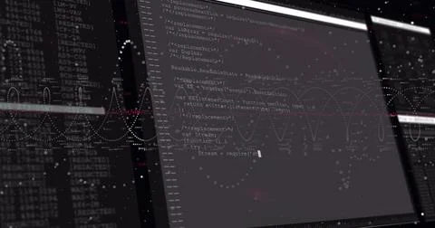 Image of digital interface screens with programming language over spiral Stock Illustration