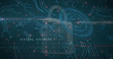 Image of digital interface with security padlock over dark background Stockfoto's