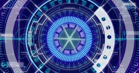 Image of digital interface showing blue white and grey complex circular scope Stock Illustration