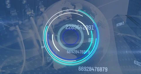 Image of digital interface showing circular scope and rising numbers with server 스톡 일러스트