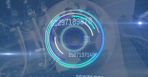 Image of digital interface showing circular scope and rising numbers with server Illustrazione stock