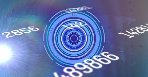 Image of digital interface showing circular scope and rising numbers with lens Stock Illustration