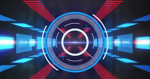 Image of digital interface showing circular scope scanning and blue and red Illustrazione stock