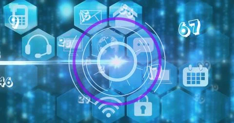 Image of digital interface showing circular scope with floating numbers and Stockillustratie