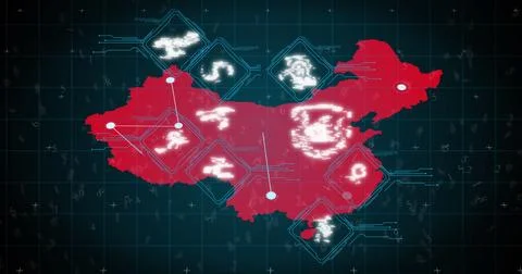 Image of digital interface showing red map and network of connected icons on Stock Photos