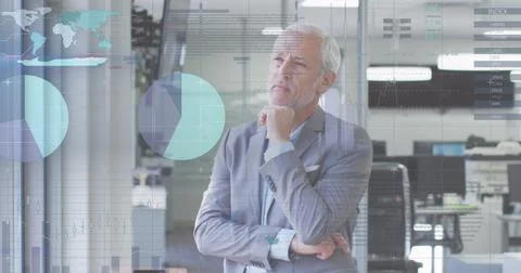 Image of digital interface showing statistics with man looking through window in Stock Photos