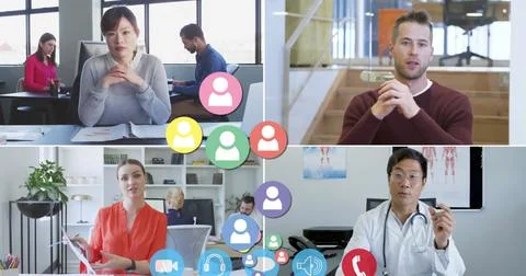 Image of digital interface with social media people icons on computer screen Stock Photos