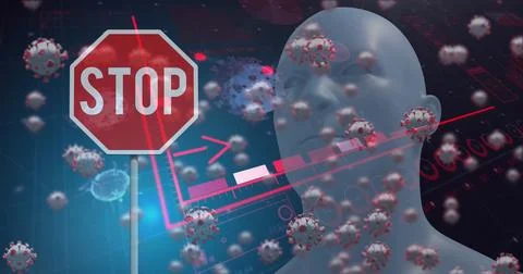 Image of digital interface with statistics and 3d coronavirus cells floating Illustrazione stock