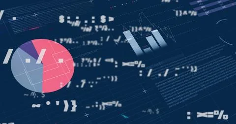 Image of digital interface with symbols changing, financial data processing and Illustrazione stock