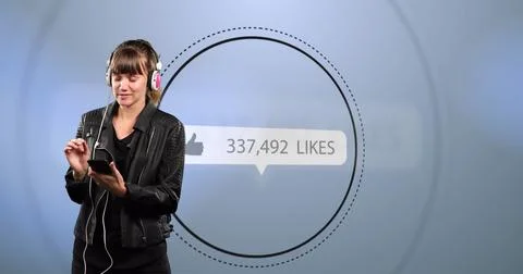 Image of digital interface thumbs up with growing numbers on white speech bubble Stock Photos