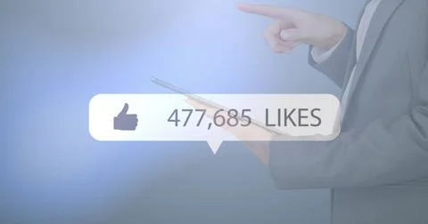 Image of digital interface thumbs up with growing numbers on white speech bubble Stock Photos