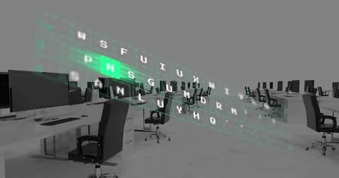 Image of digital keyboard over office desks with computers Stock Illustration