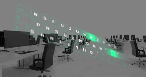Image of digital keyboard over office desks with computers Stock Illustration