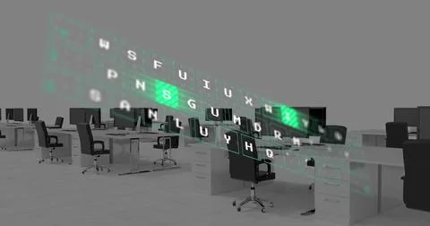 Image of digital keyboard over office desks with computers Stock Illustration