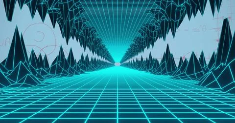 Image of digital ladndscape and math formulas on blue background Stock Photos