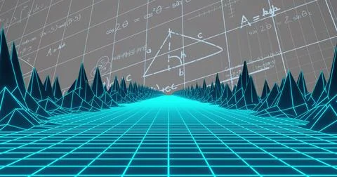 Image of digital landscape and math formulas on beige background Stock Photos