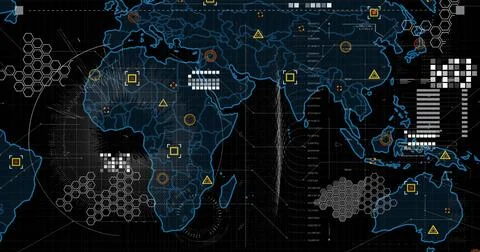 Image of digital map moving with hexagon and circle shape on abstract background イラスト素材