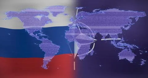 Image of digital map moving over russian flag and nato flag Ilustração Stock