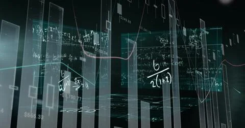 Image of digital mathematical formulas on display screens with bar graphs moving Stock Illustration