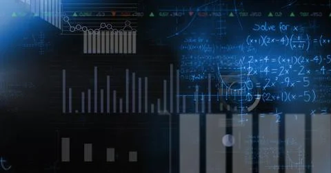 Image of digital multiple graphs, chart, data moving with mathematical formulas Stock Illustration