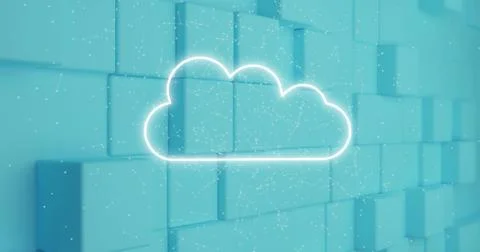 Image of digital neon cloud flickering and green blocks moving in background Stock Photos