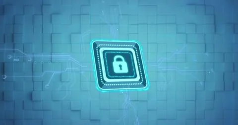Image of digital neon online security padlock flickering and green blocks moving Stock Photos