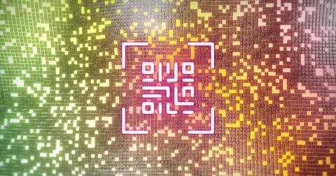 Image of digital neon qr code flickering over purple and green mosaic in 스톡 일러스트