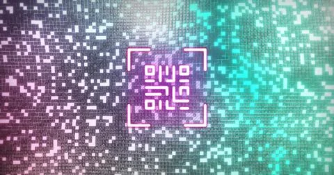 Image of digital neon qr code flickering over purple and green mosaic in Stock Illustration