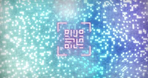 Image of digital neon qr code flickering over purple and green mosaic in 스톡 일러스트