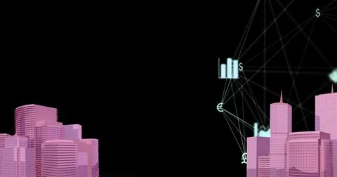 Image of digital network of connections with icons over pink 3d cityscape model Stock Illustration