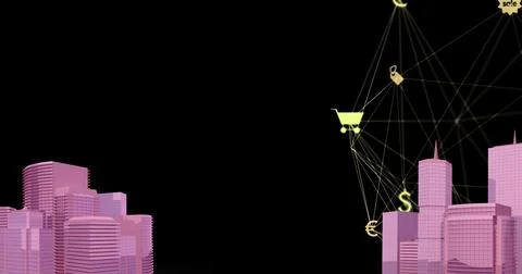 Image of digital network of connections with icons over pink 2d cityscape model イラスト素材