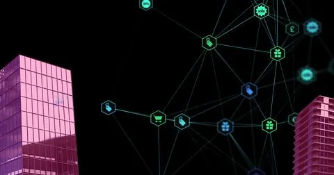 Image of digital network of connections with icons over pink 2d cityscape model 스톡 일러스트