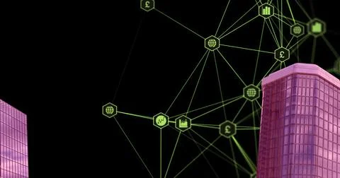 Image of digital network of connections with icons over pink 2d cityscape model Stock Illustration