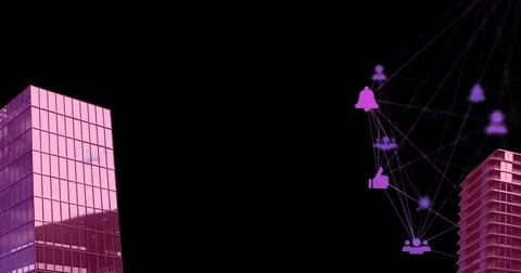 Image of digital network of connections with icons over pink 3d cityscape model Stock Illustration